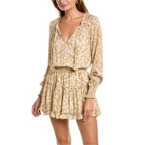 Fate Women's Floral Print Long Sleeve Mini Dress Beige Gold Ruffle‎ Hem